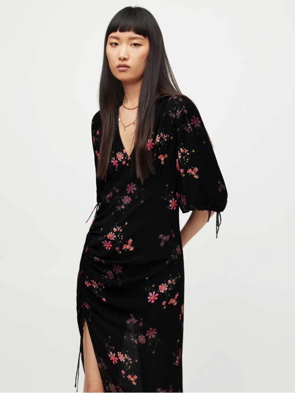 AllSaints Black Midi Dress with Pink Floral Print